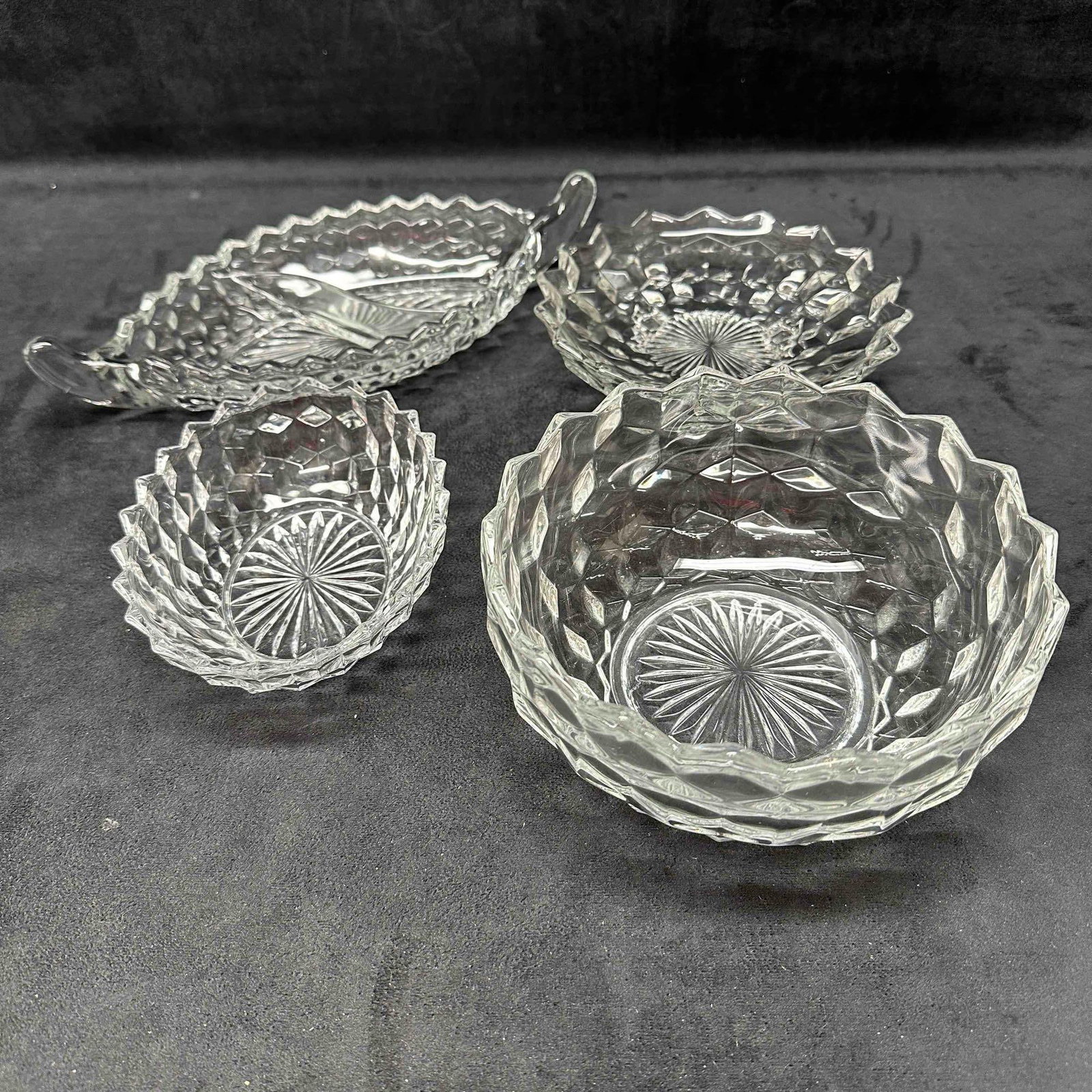 Fostoria American Crystal Glass Cubist Pattern Bowl and Dish Set of Four Glassware