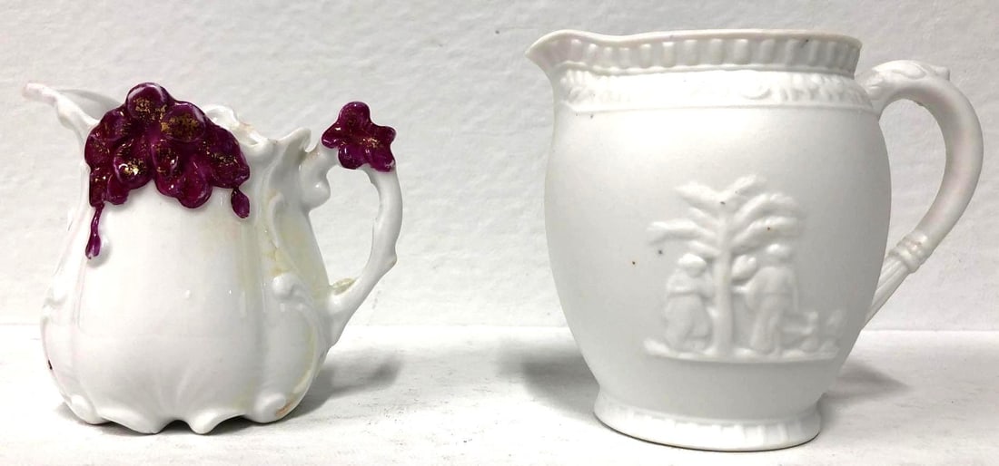 2 Small Cream Pitchers Wedgewood Style Porcelain Bisque and White Porcelain Magenta Floral Accent (1 of 6)