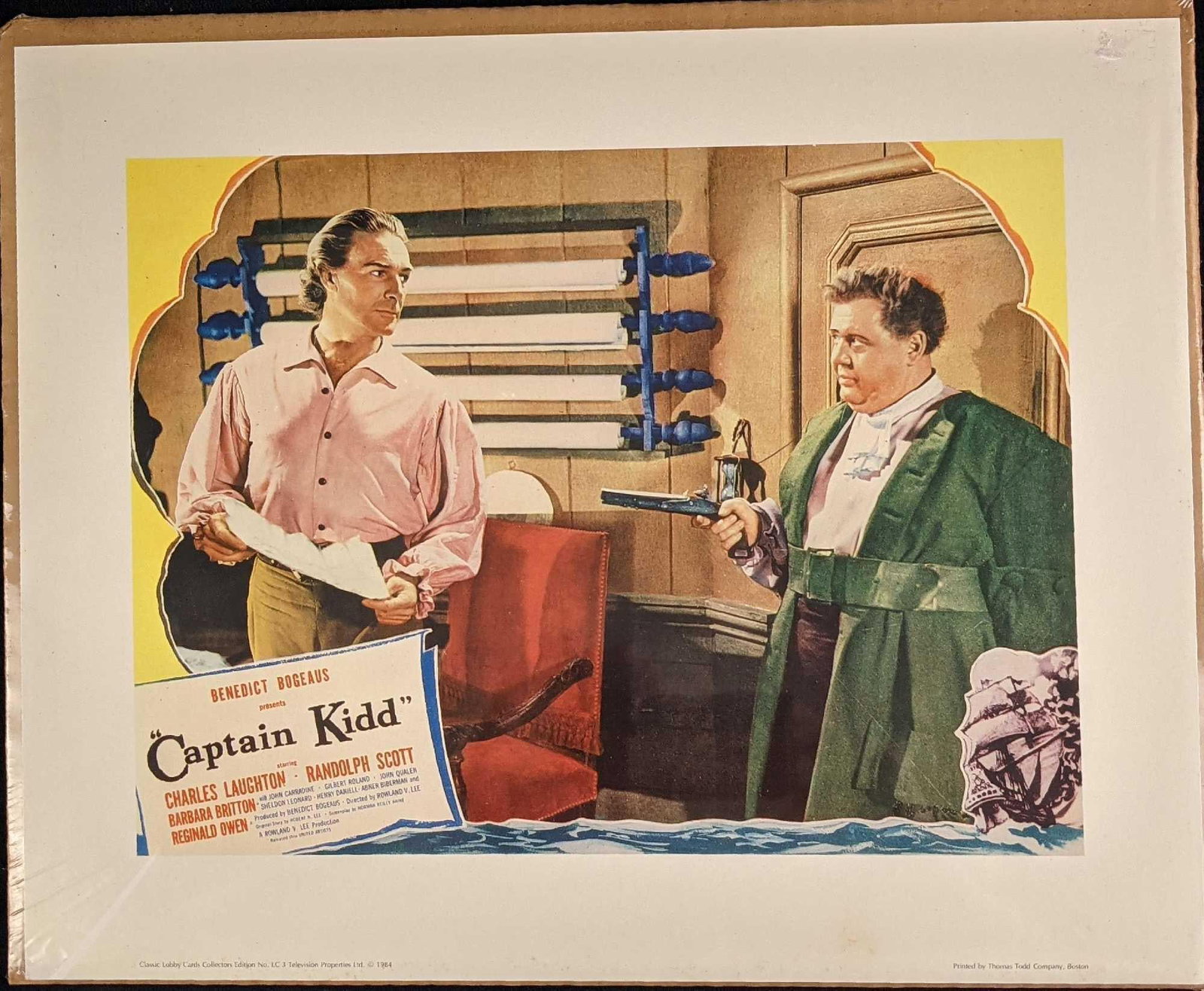Vintage Captain Kidd Pirate Reproduction Lobby Card Print: Reproduction Lobby Card/Print From the 1945 adventure film, "Captain Kidd", which starred Charles Laughton and Randolph Scott. The wrapped and boarded lobby card is approx 16 1/2" x 13 1/2" The lobby