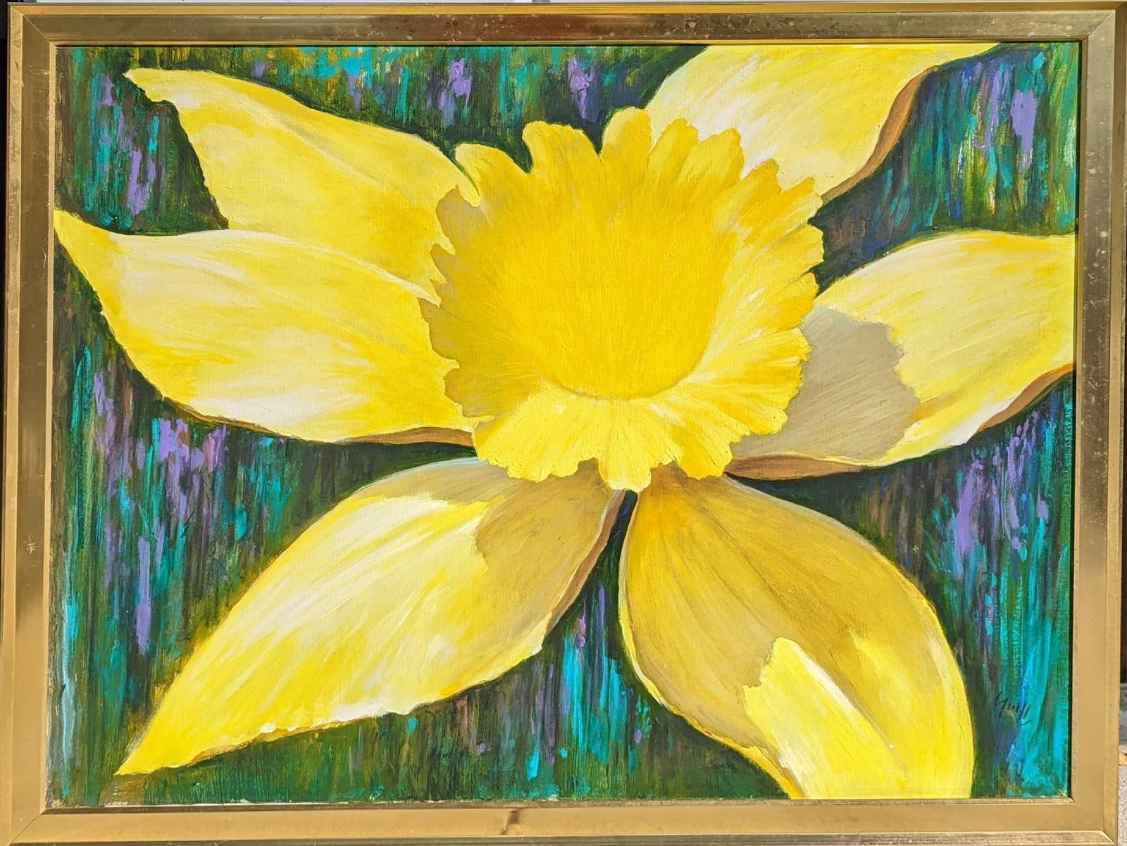 Large Framed Original Acrylic On Canvas Yellow Flower: Large Framed Original Acrylic On Canvas Yellow Flower. The framed original is approx 51 1/2" x 2" x 39 3/4" and it weighs 13.50lbs. The framed original is in a good, used condition with some wear and 