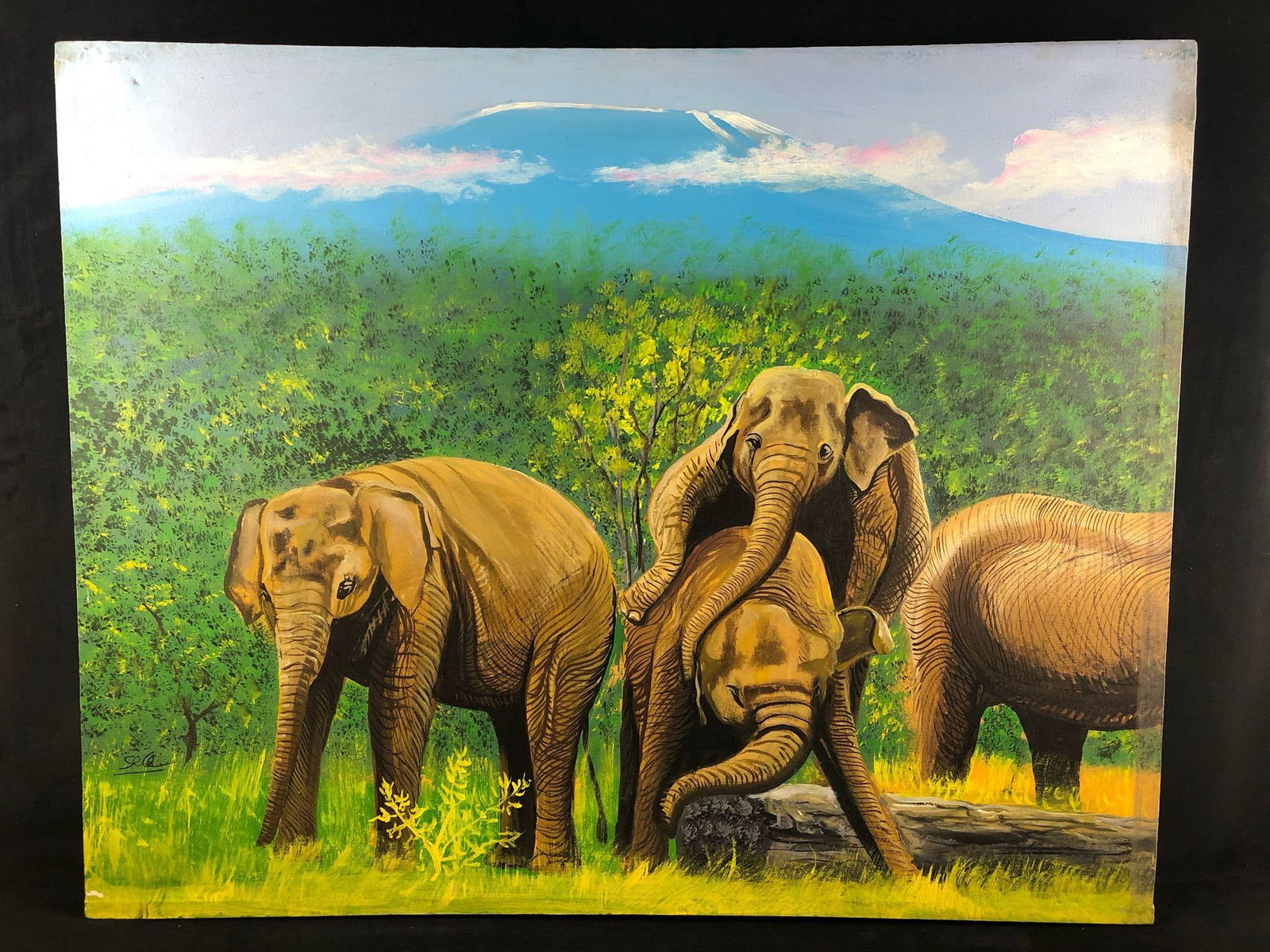 Original East Africa Artist Signed Seti Elephants Having Fun Oil Canvas Animals Painting (1 of 5)
