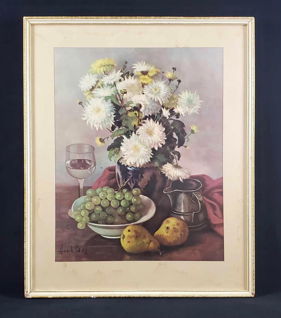 Mid Century Still Life Print By Henk Bos: Titled "Still Life" by Henk Bos. Print Dated 1961 on the bottom right by D.A.C., N.Y.. This piece depicts white and yellow flowers in a table setting with grapes, pears, a metal pitcher and a glass of