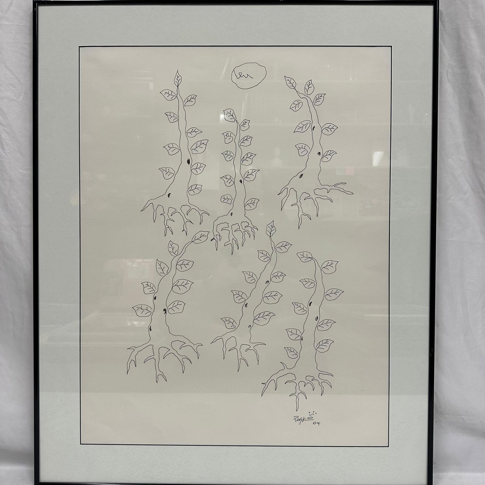 Framed Ink Drawing by Jon Pask 2004 Abstract Botanical Tree Style Line Art: Original ink-on-paper drawing by Jon Pask, dated 2004. The artwork features an abstract arrangement of stylized plant forms, rendered in Pask’s signature clean and minimal line style. Signed and
