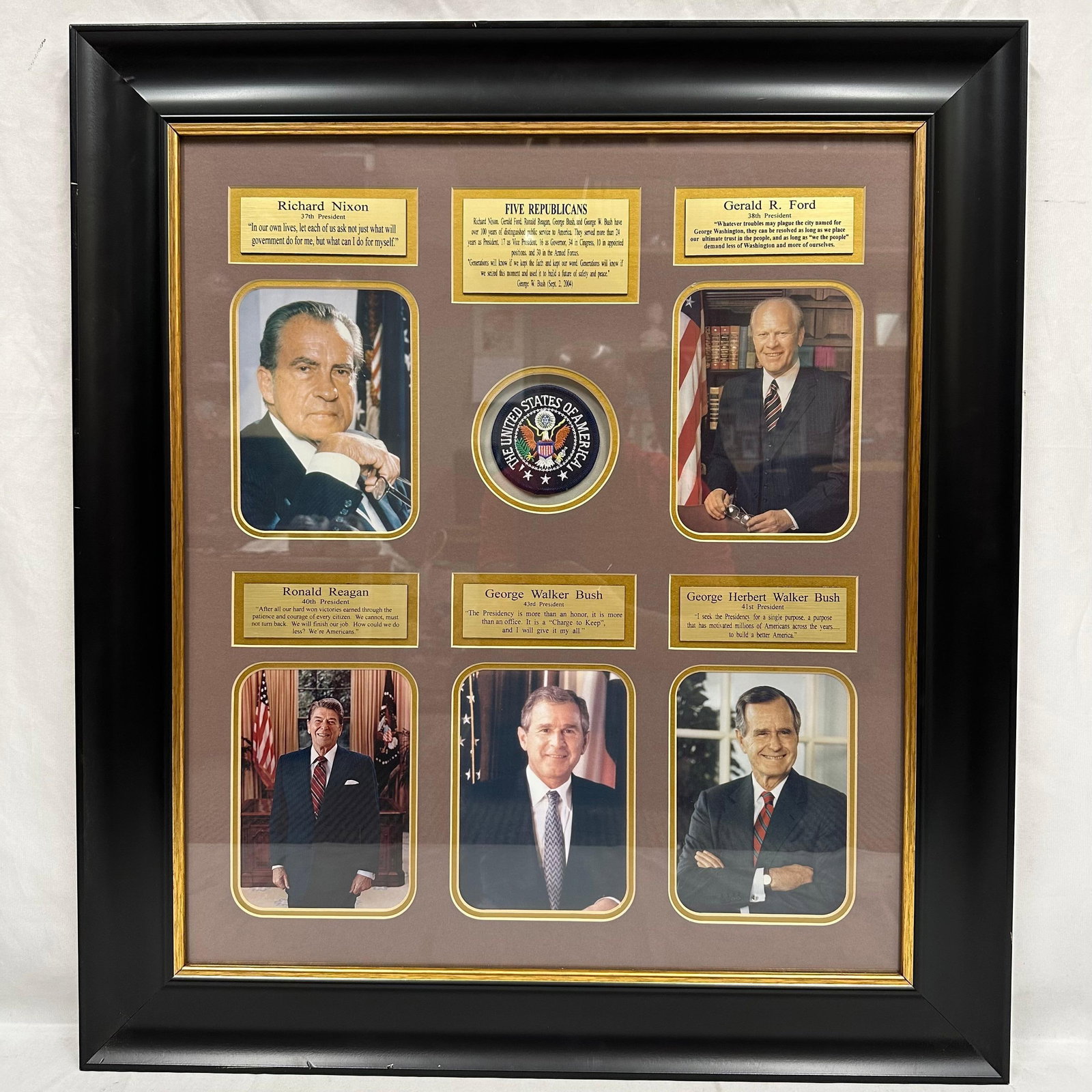 Framed Presidential Display Five Republicans Limited Edition 1892 of 2004 Portrait Collage: Large framed photography wall piece featuring official portrait photographs of Richard Nixon, Gerald R. Ford, Ronald Reagan, George H. W. Bush, and George W. Bush. The center includes the United 