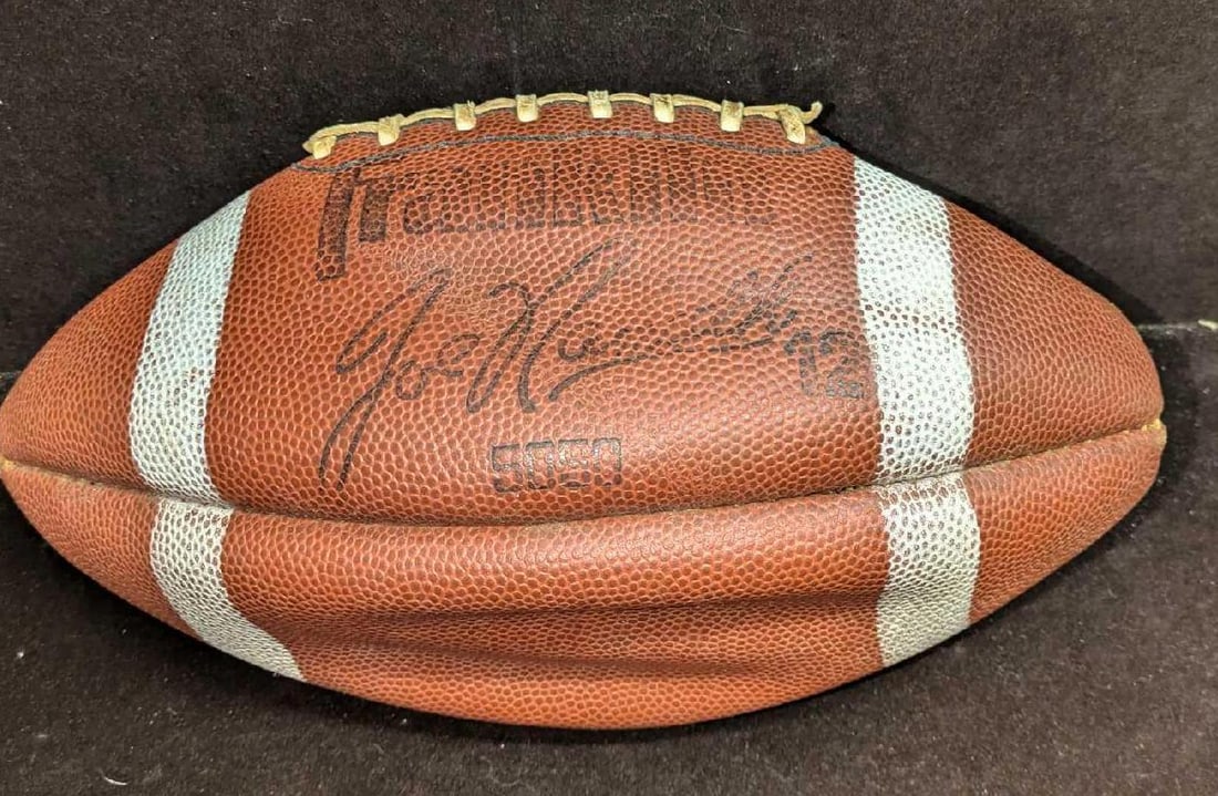 HOF Joe Namath Autographed Football: HOF Joe Namath Autographed Football. This is a Franklin Genuine Cowhide Football that is approx 13 3/4" x 4 1/2" x 5" and it weighs 1.05lb. The football is mostly deflated. Please note, this doe