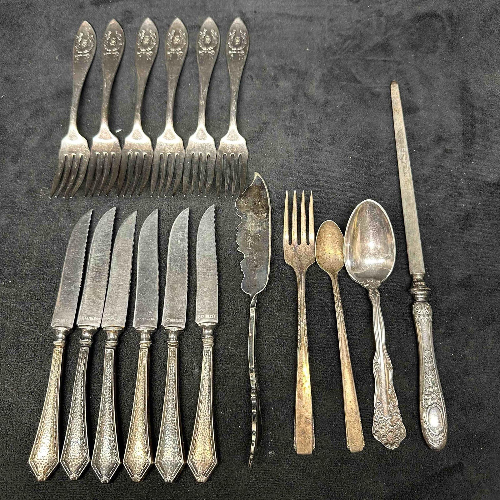 Silver Plated Silverware Set Forks Knives Spoons Lot of 17 Seventeen: Each piece has a unique and different design along the handle, some have a monogram lettering etched. Each piece has hallmarks and makers marks engraved on the back of the silverware. S