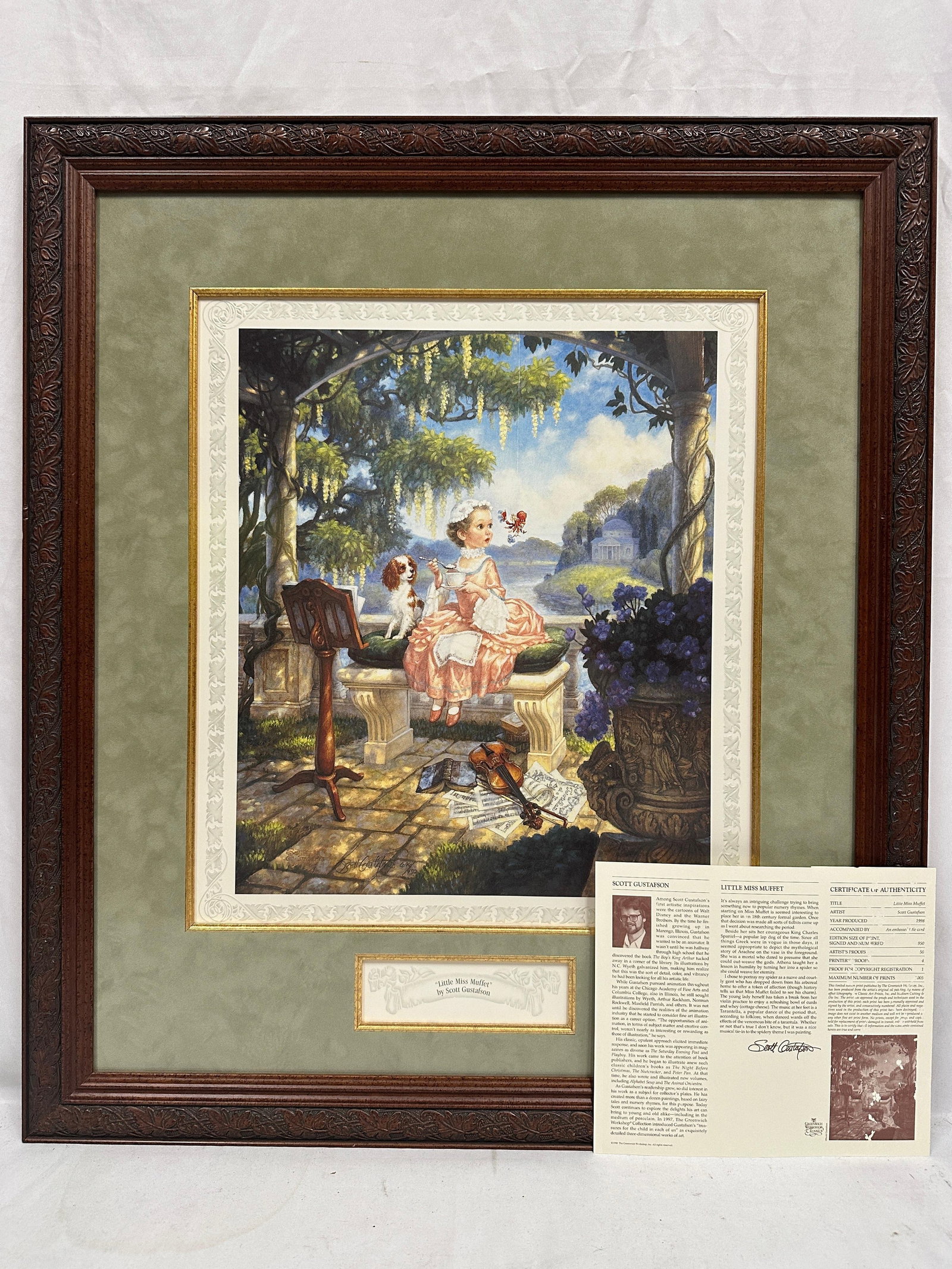 Scott Gustafson Little Miss Muffet Signed and Numbered Art Print With COA: Framed limited edition art print titled Little Miss Muffet by acclaimed American illustrator Scott Gustafson. The whimsical nursery rhyme scene depicts Little Miss Muffet seated in a formal garden, ac