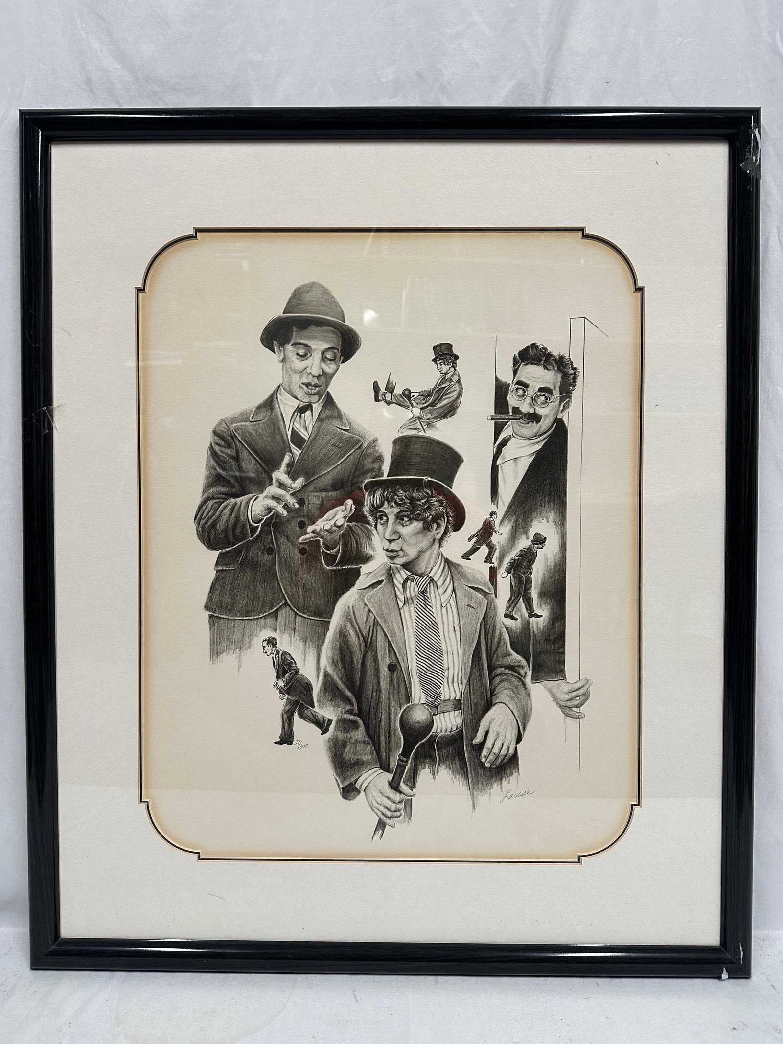 Lance G.F. Banse The Marx Brothers Signed Limited Edition Lithograph: Limited edition signed and numbered lithograph titled The Marx Brothers by Lance, also known as G.F. Banse. This black-and-white composition depicts iconic members of the Marx Brothers comedy troupe, 