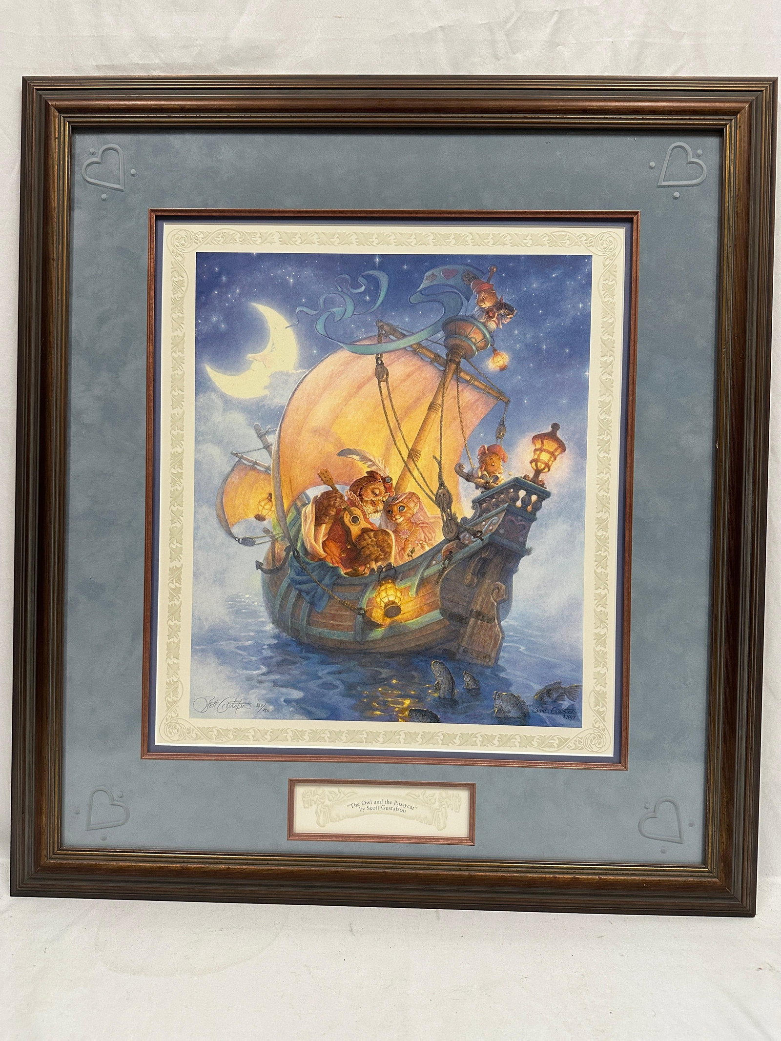 Scott Gustafson The Owl and the Pussy-Cat Signed and Numbered Framed Print: Framed limited edition art print titled The Owl and the Pussy-Cat by acclaimed illustrator Scott Gustafson. The whimsical scene depicts the beloved nursery rhyme characters sailing beneath a crescent 