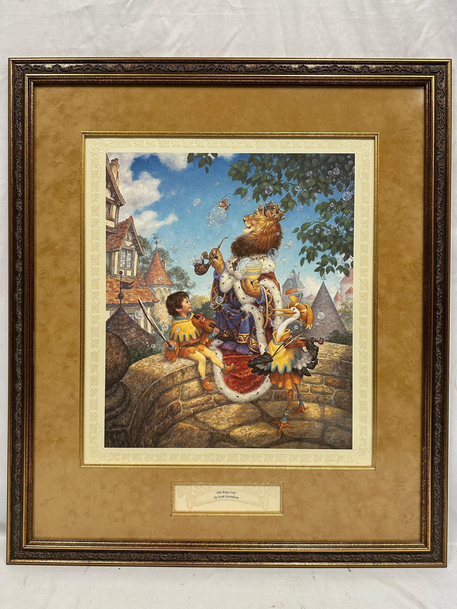 Scott Gustafson Old King Cole Hand Signed and Numbered Framed Art Print: Framed limited edition art print titled Old King Cole by celebrated American illustrator Scott Gustafson. The artwork depicts the beloved nursery rhyme character surrounded by musicians and whimsical 