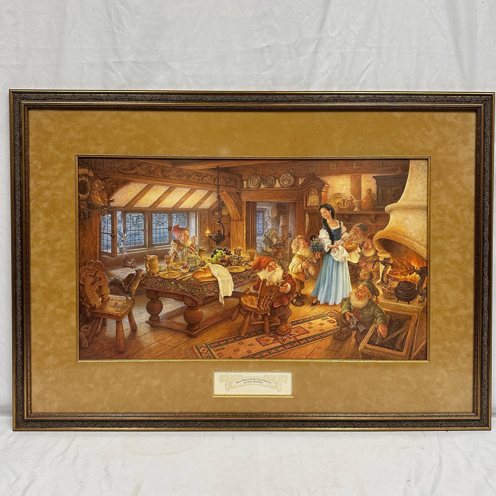 Scott Gustafson Snow White and the Seven Dwarfs Hand Signed Numbered Artwork Print: Framed limited edition print titled Snow White and the Seven Dwarfs by acclaimed fantasy illustrator Scott Gustafson. The artwork depicts Snow White visiting the dwarfs' cottage, rendered in Gusta