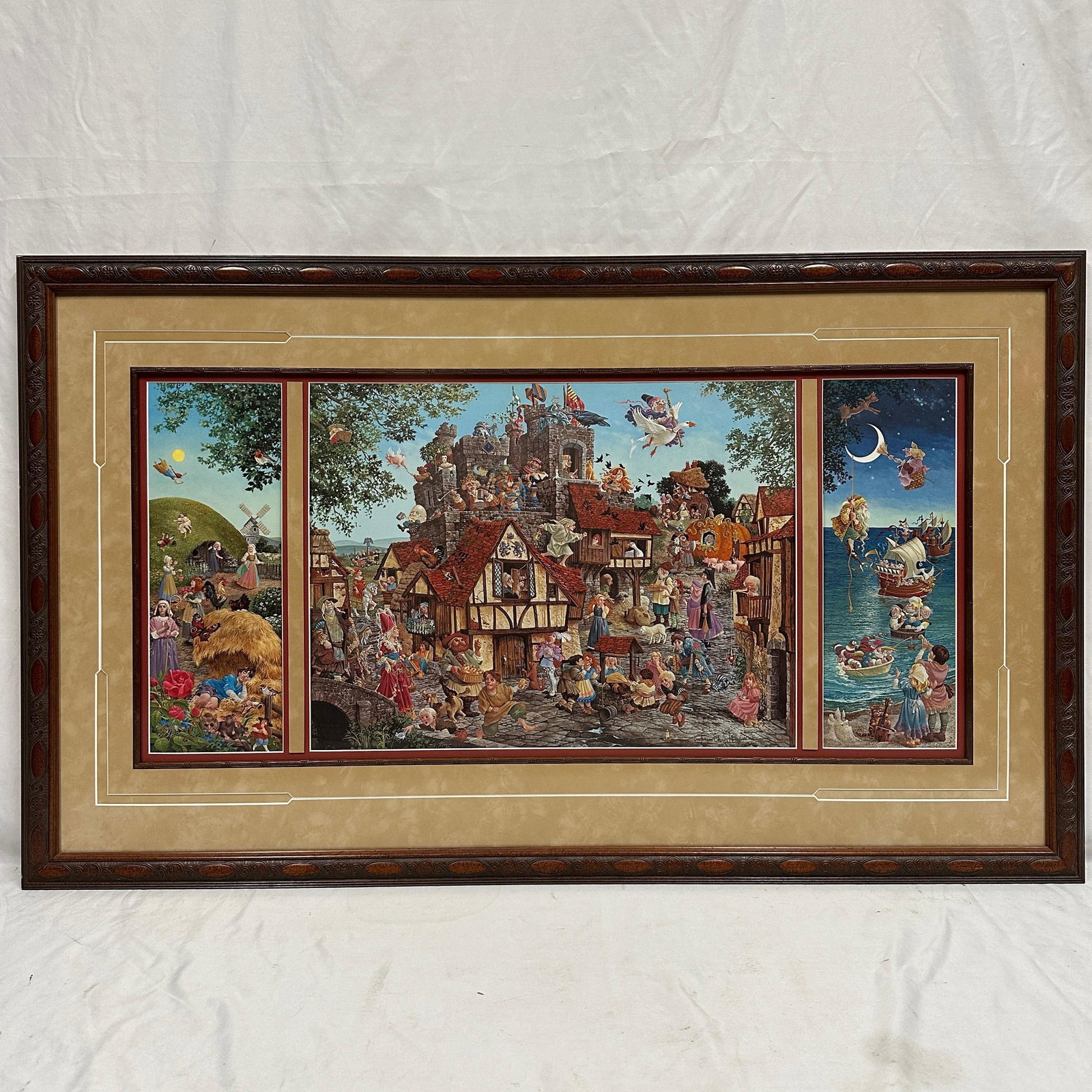James C. Christensen Rhymes and Reasons Triptych Signed Art Print: Large framed triptych print titled Rhymes and Reasons by renowned American fantasy artist James C. Christensen. Published in 1990 by The Greenwich Workshop, this whimsical composition combines scenes 