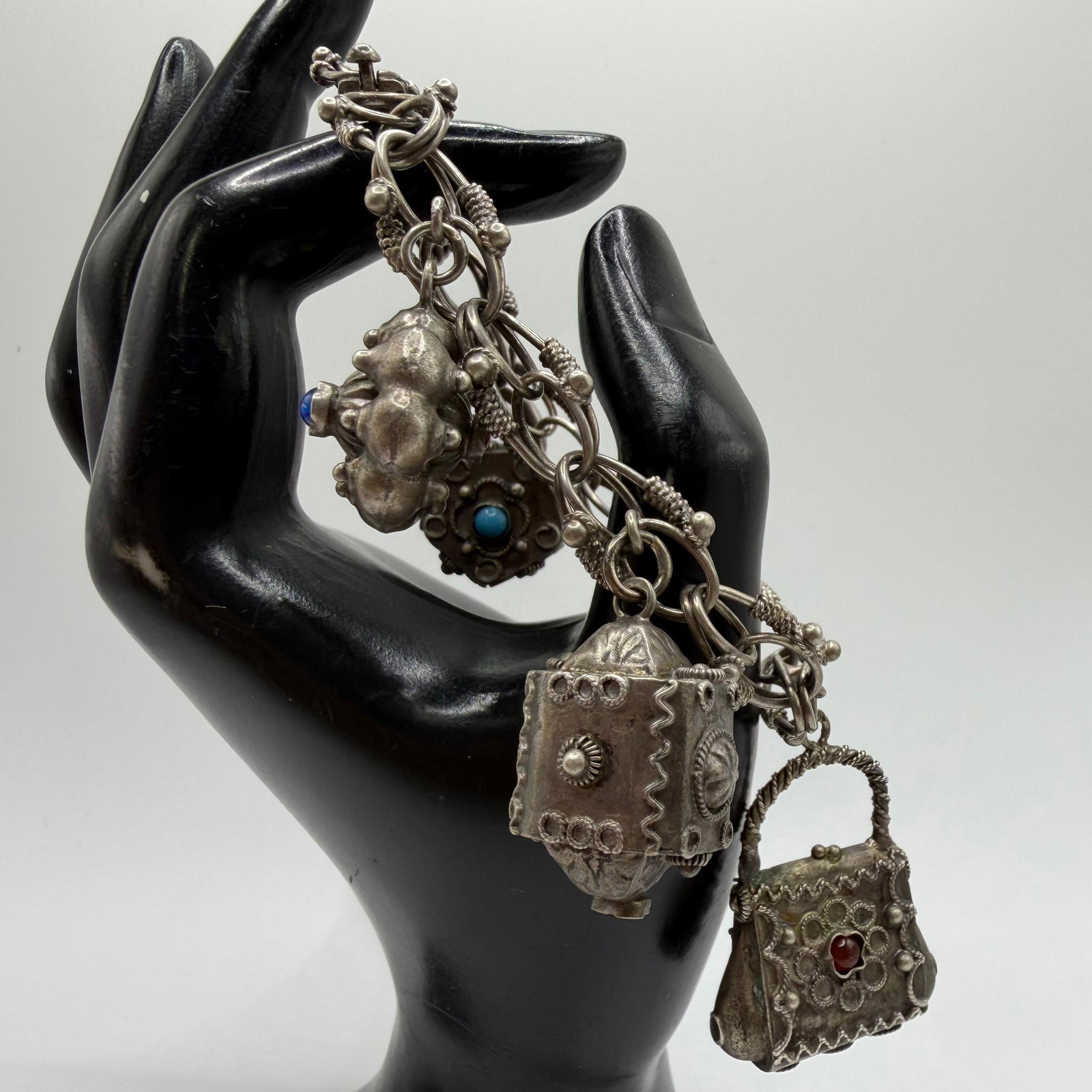Lapis Carnelian 800 Silver Flower Motif Silverwork Bracelet Five Charm ER41: This item is in pre-owned, previously used/displayed condition with noticeable light wear and surface scratches. Please reference all photos for full details. This piece of jewelry has been carefully 