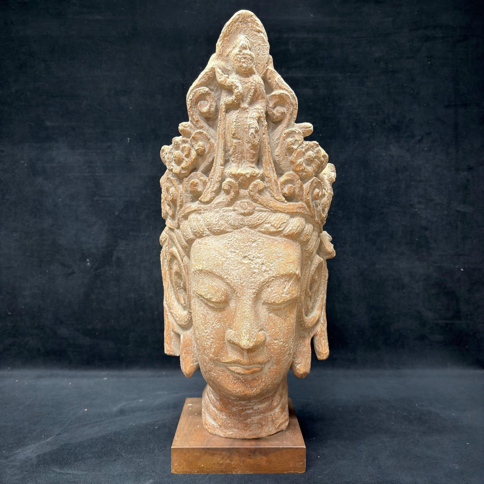 Austin Productions Guan Yin Buddha Goddess Bust Wood Base Kwan Yin: Vintage sculptural bust depicting Guanyin (Kwan Yin), the Bodhisattva of Compassion, featuring an ornate floral headdress surmounted by a standing Buddha figure. This decorative reproduction is marked