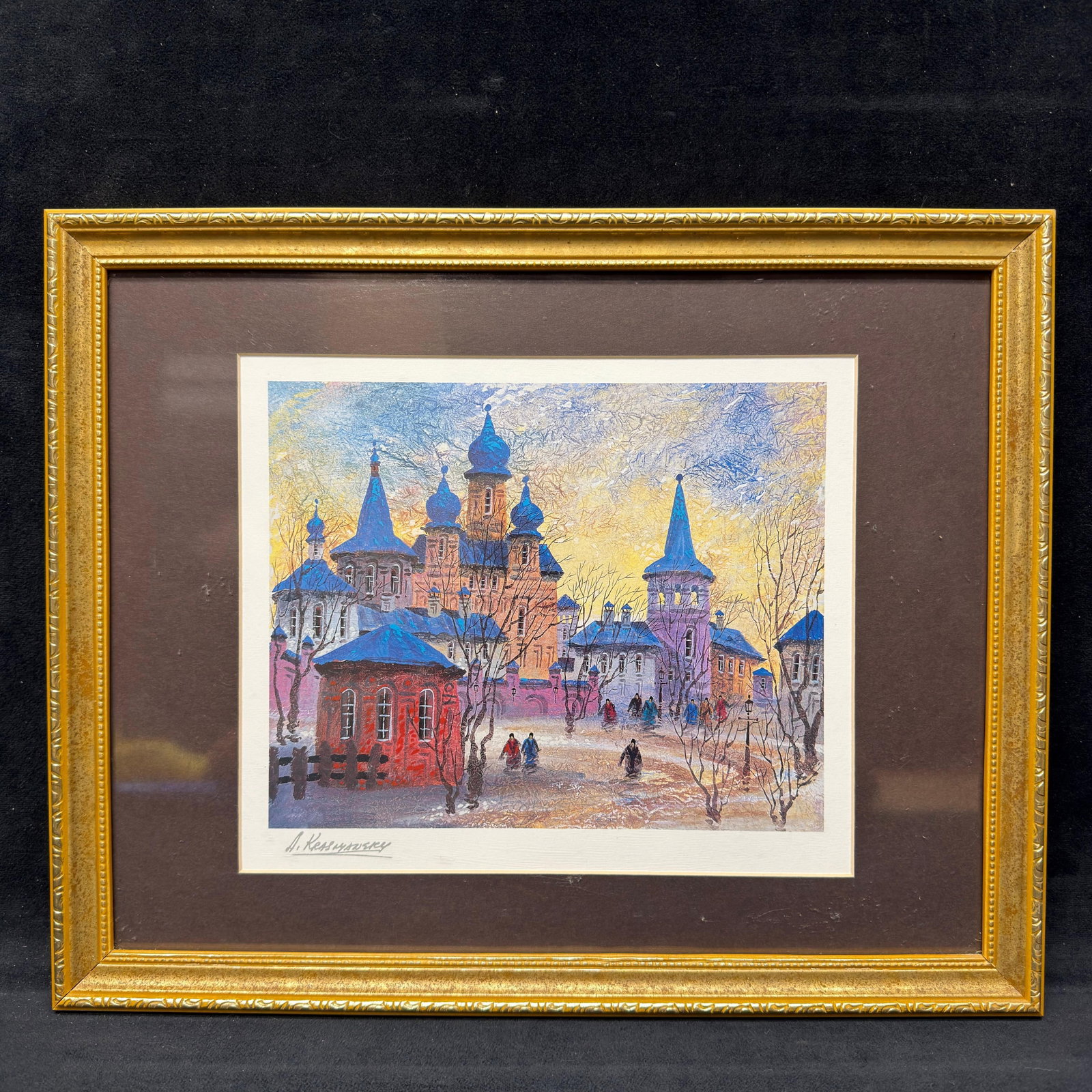 Anatole Krasnyansky Prague-Icy Reflection Framed Seriolithograph with COA: Framed color seriolithograph titled Prague-Icy Reflection by listed Russian-American artist Anatole Krasnyansky. The work depicts a vibrant winter cityscape featuring historic European architecture re