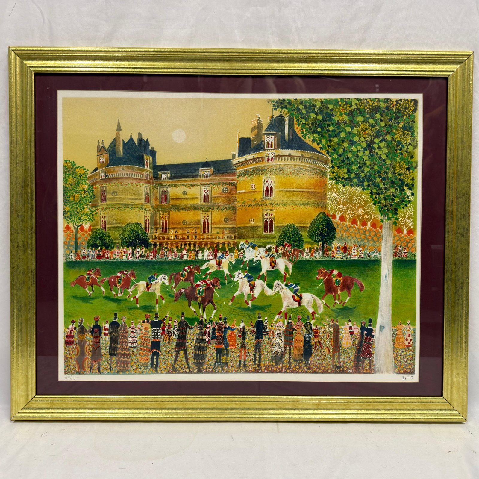 Baillen Golden Polo Limited Edition Serigraph Signed and Numbered 359 of 375 Framed: Limited edition Golden Polo serigraph by Baillen, depicting an elegant polo match before a grand European chateau with spectators and mounted riders. Pencil signed by the artist lower right and hand n