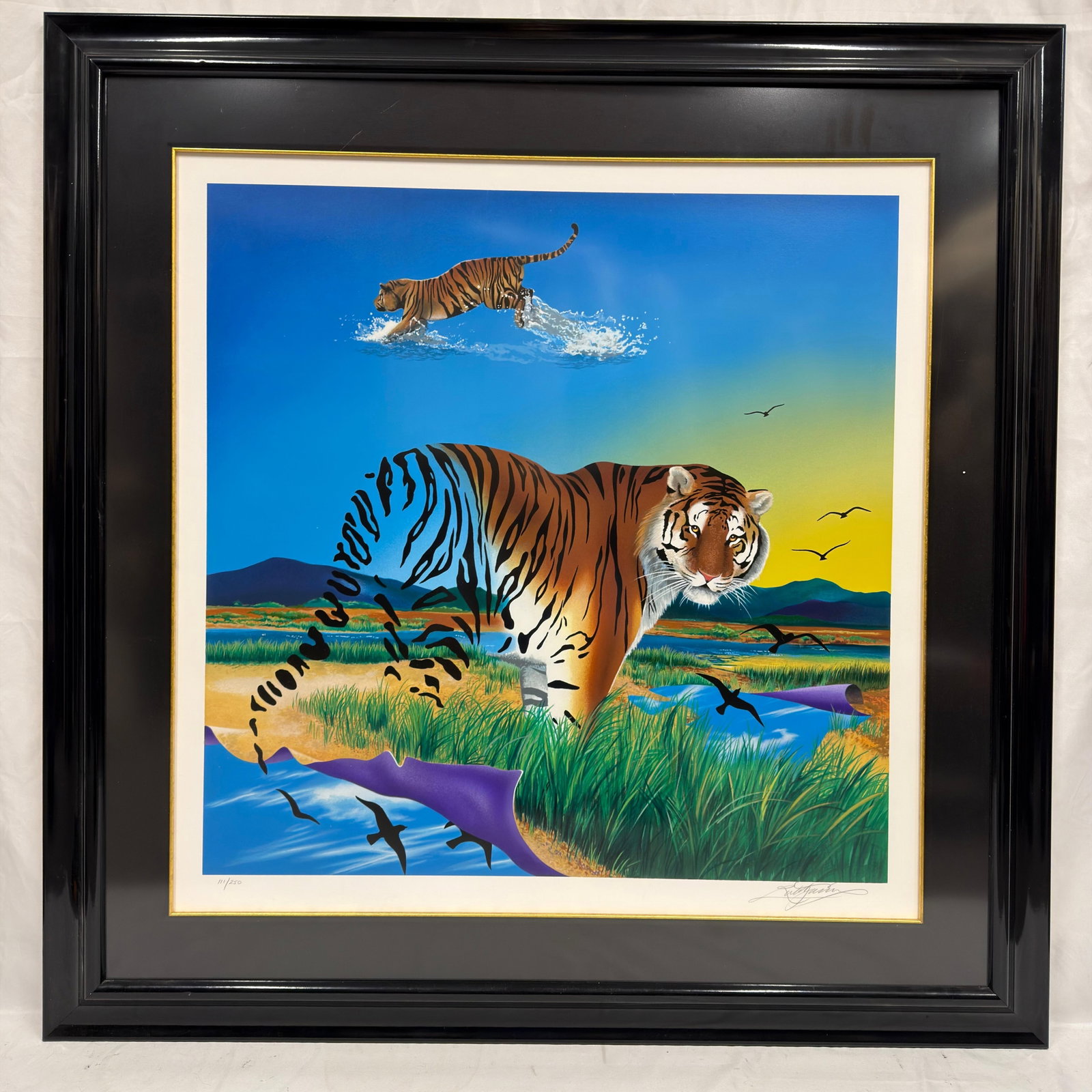 Rick Garcia Tiger Signed and Numbered Limited Edition Serigraph Framed COA: Limited edition serigraph titled "Tiger" by contemporary artist Rick Garcia. This vibrant wildlife composition depicts a Bengal tiger within a surreal landscape, incorporating multiple tiger i