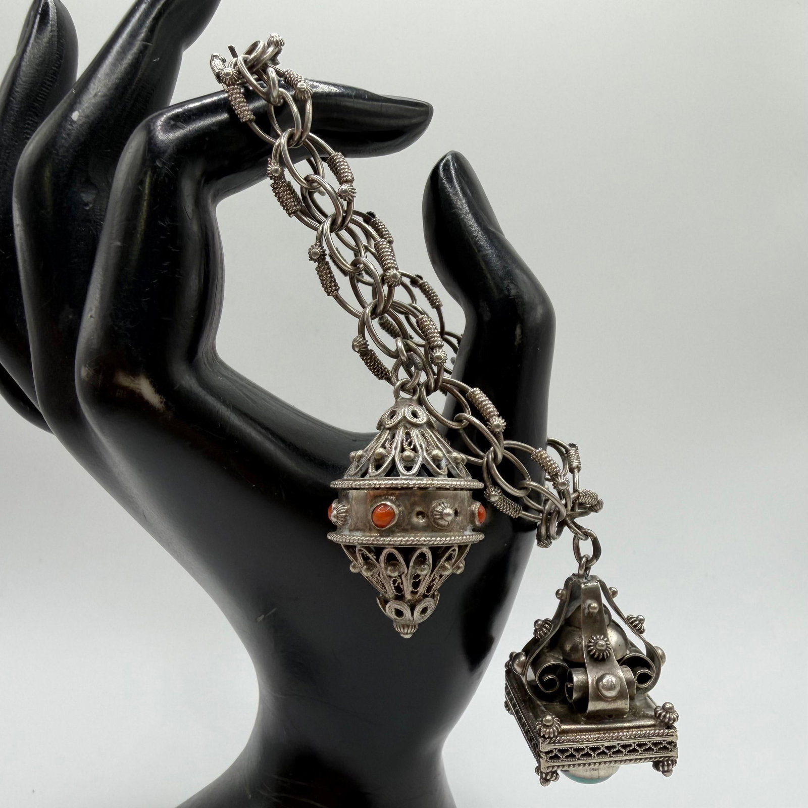 830 Silver Etruscan Revival Style Intricate Filigree Coral Carnelian Turquoise Bracelet ER22: This item is in pre-owned, previously used/displayed condition with noticeable light wear and surface scratches. Please reference all photos for full details. This piece of jewelry has been carefully 