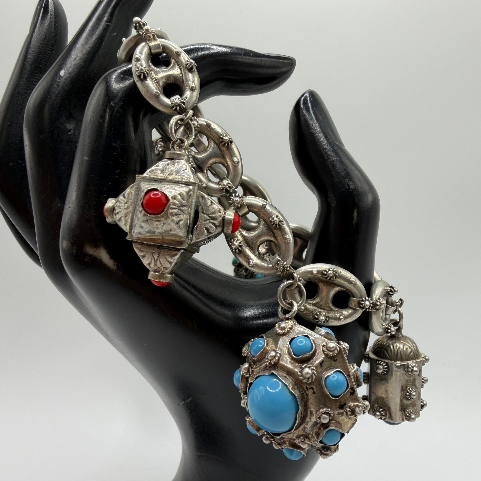 800 Silver Etruscan Revival Style Intricate Filigree Faux Glass Stone Bracelet ER23: This item is in pre-owned, previously used/displayed condition with noticeable light wear and surface scratches. Please reference all photos for full details. This piece of jewelry has been carefully 