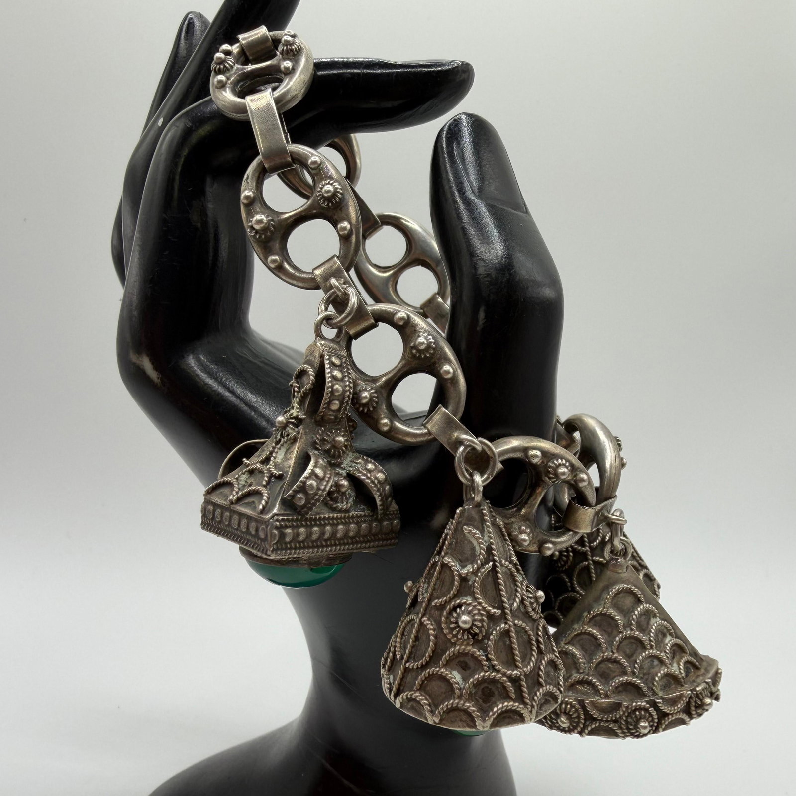 S and F Sterling Green Stone Accent Silverwork Ornate Charms Etruscan Revival Style Bracelet ER24: This item is in pre-owned, previously used/displayed condition with noticeable light wear and surface scratches. Please reference all photos for full details. This piece of jewelry has been carefully 