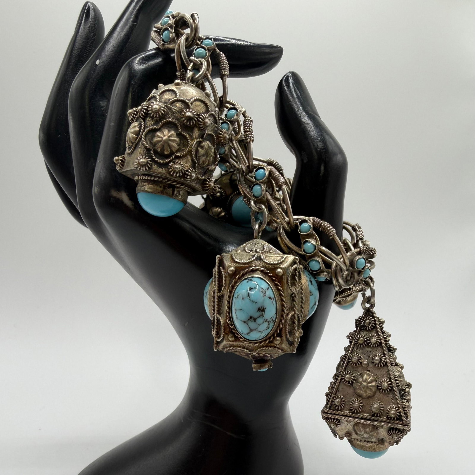 Etruscan Style Filigree Blue Stone 800 Silver Bracelet Poison Charm ER27 (1 of 6)