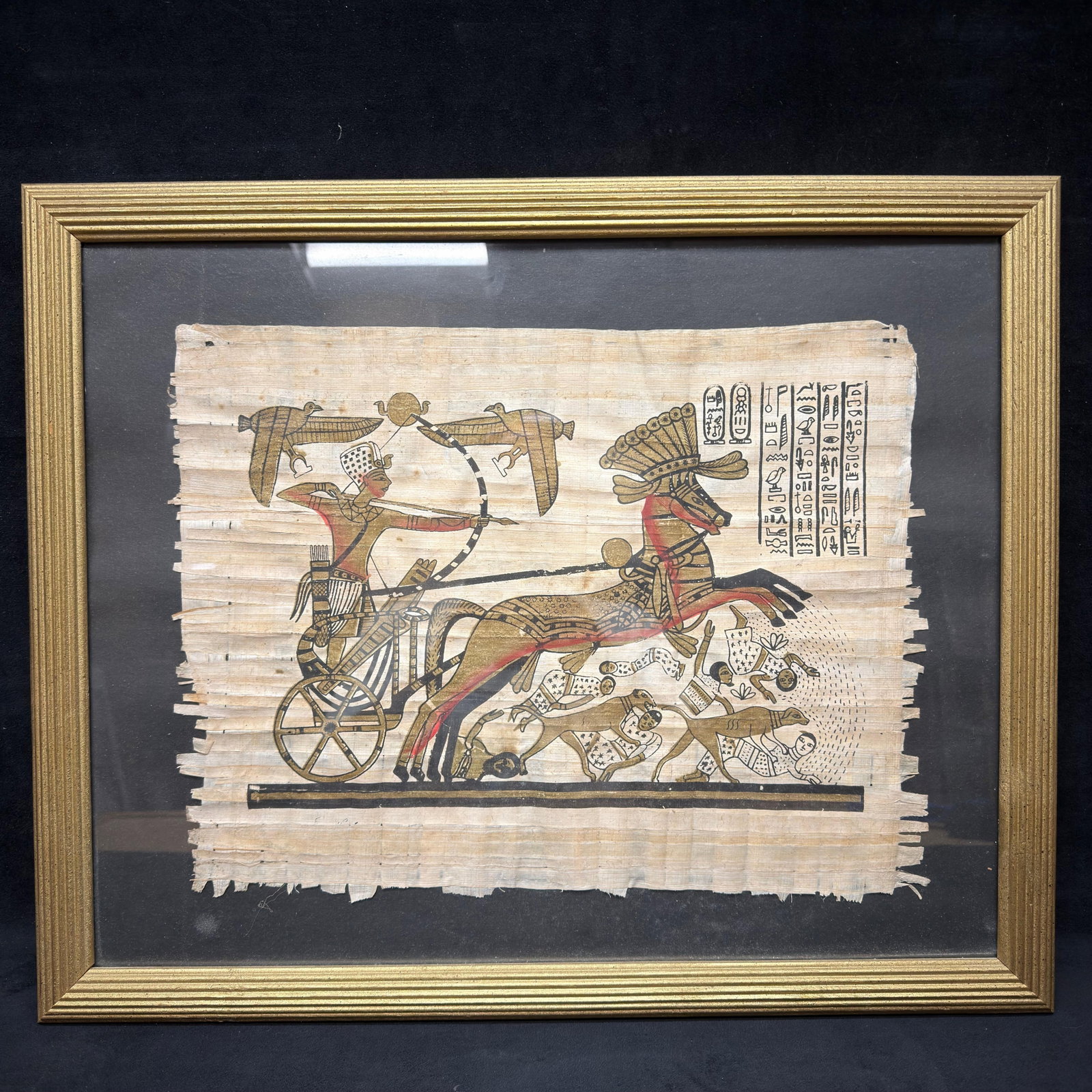 Framed Egyptian Papyrus Artwork Depicting Pharaoh in Chariot Hunt Scene (1 of 3)