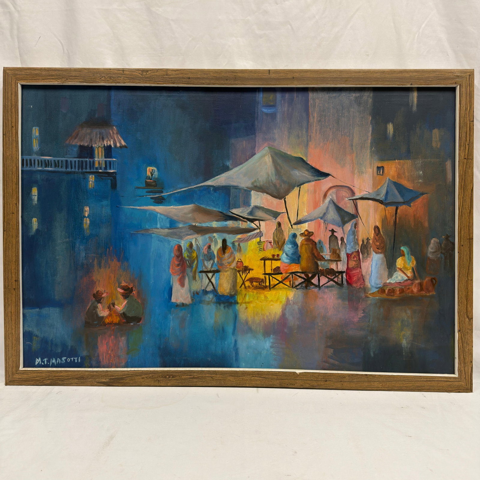 MT Marie Masotti Signed Artwork on Canvas Night Market Scene Framed (1 of 5)