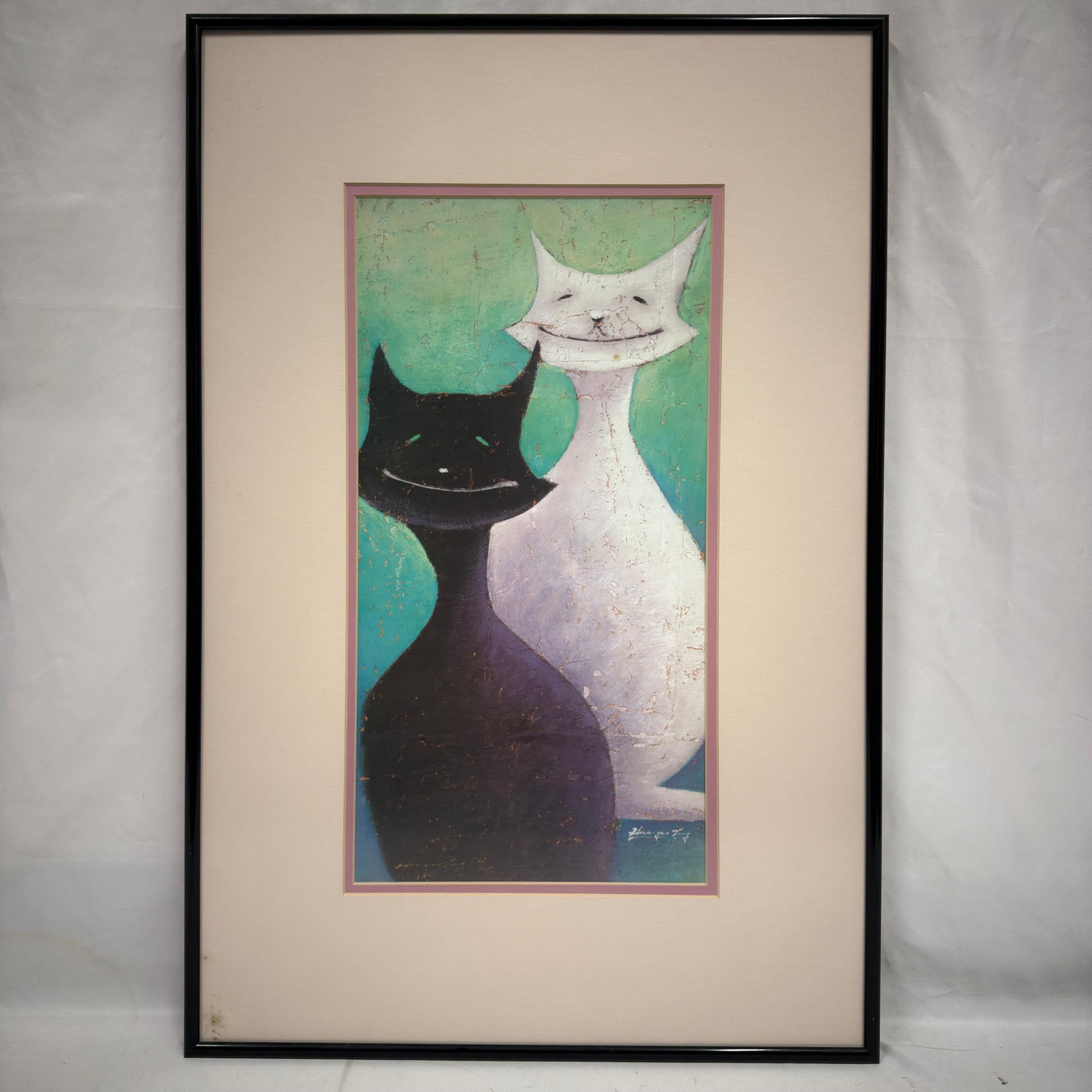 Hua Yao Tung Hand Signed Limited Edition Print Whimsical Stylized Cat Duo: Hand-signed limited edition print by acclaimed Taiwanese artist Hua-Yao Tung (Hua Yao Tung). This whimsical composition depicts a pair of stylized black and white cats against a vibrant turquoise back