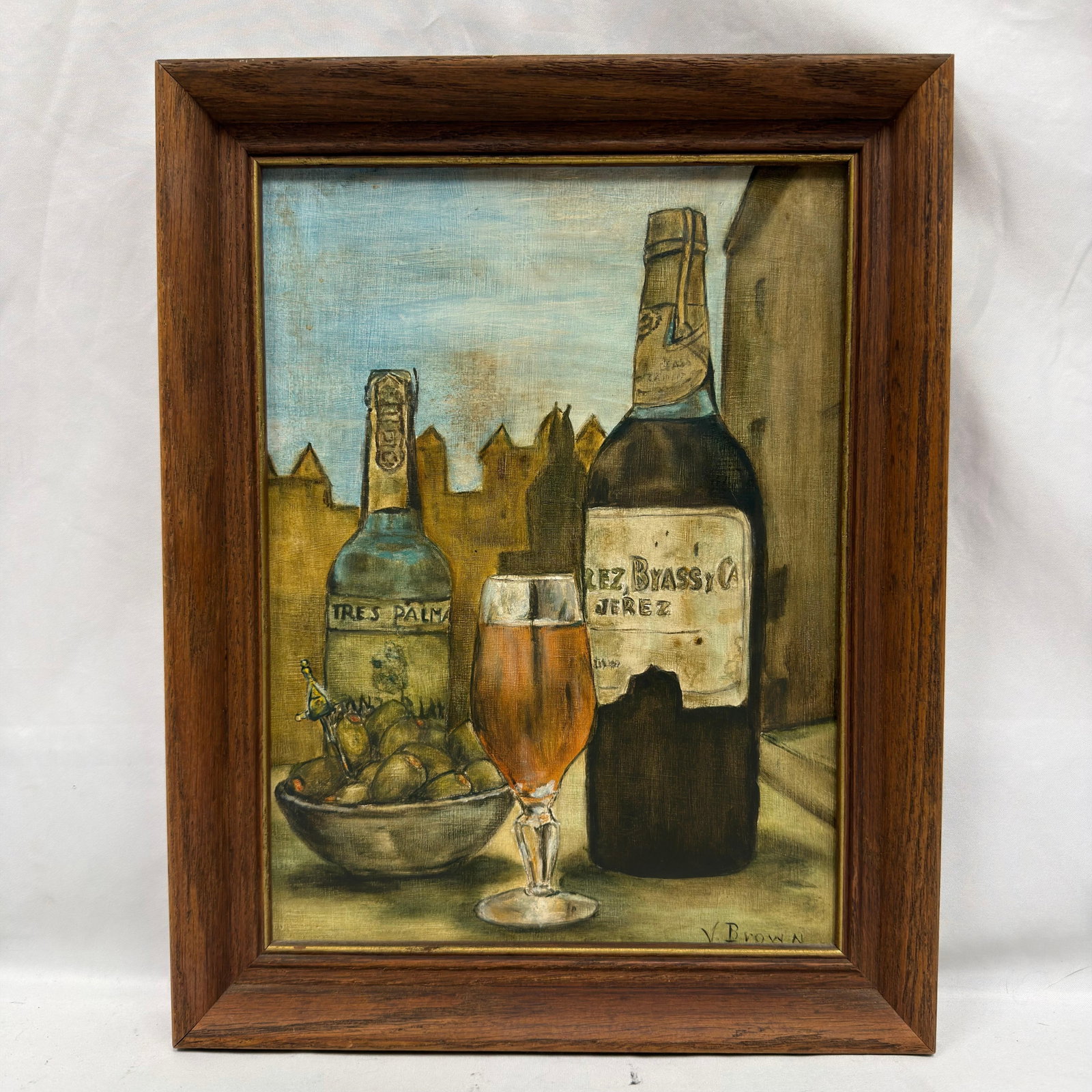 V Brown Still Life Oil on Canvas Painting of Sherry Bottles and Olives: Good pre-owned condition with light wear to the frame and backing consistent with age and display, minor imperfections, and color toning. Previously displayed condition with light wear and surface scr