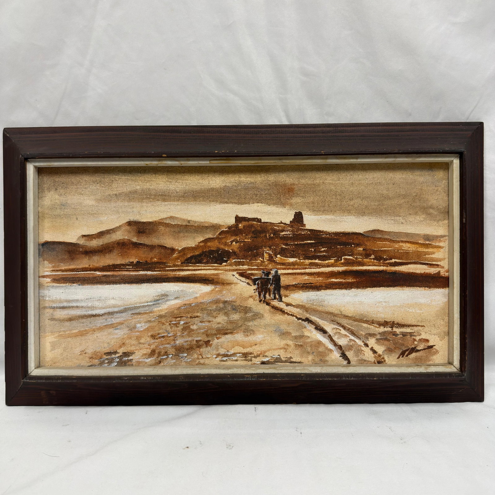 Brown Tones Rocky Headland Foreground Landscape Artwork: Unknown artist. Good pre-owned condition with light wear to the frame and backing consistent with age and display, minor imperfections, and color toning. Previously displayed condition with light wear
