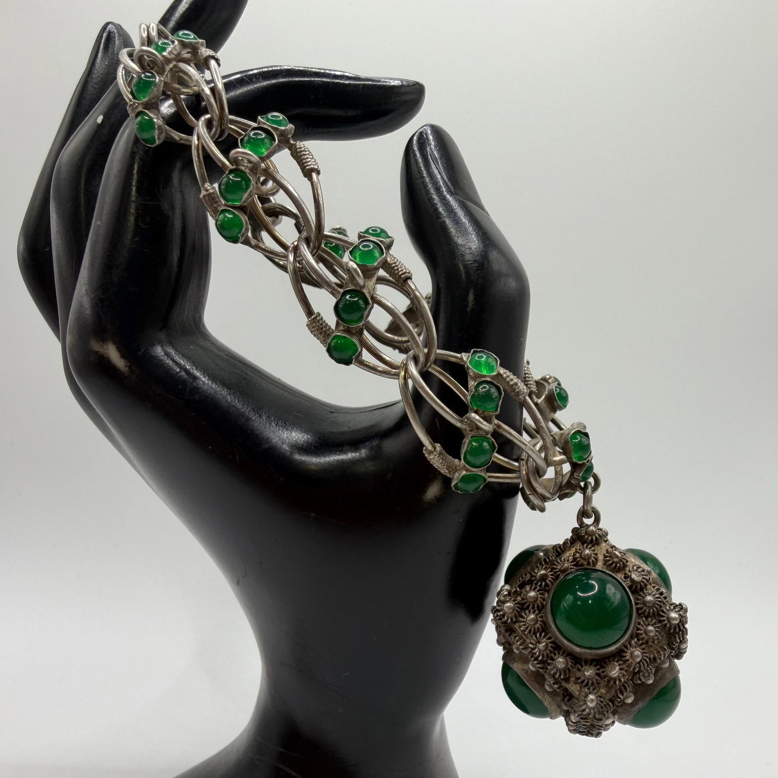 Green Onyx and Glass Accent 800 Silver Floral Motif Bracelet ER29 (1 of 6)