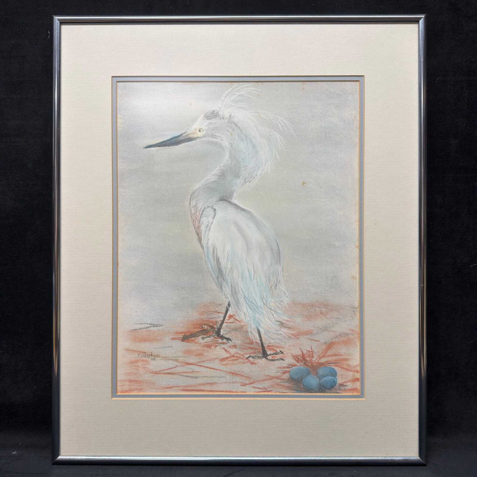 Signed Original Pastel Painting Wildlife White Bird Framed: Original pastel painting by an unknown artist, signed, dated 1989. In a silver-toned frame. This item is in pre-owned, previously displayed condition with light wear and surface scratches. Please refe