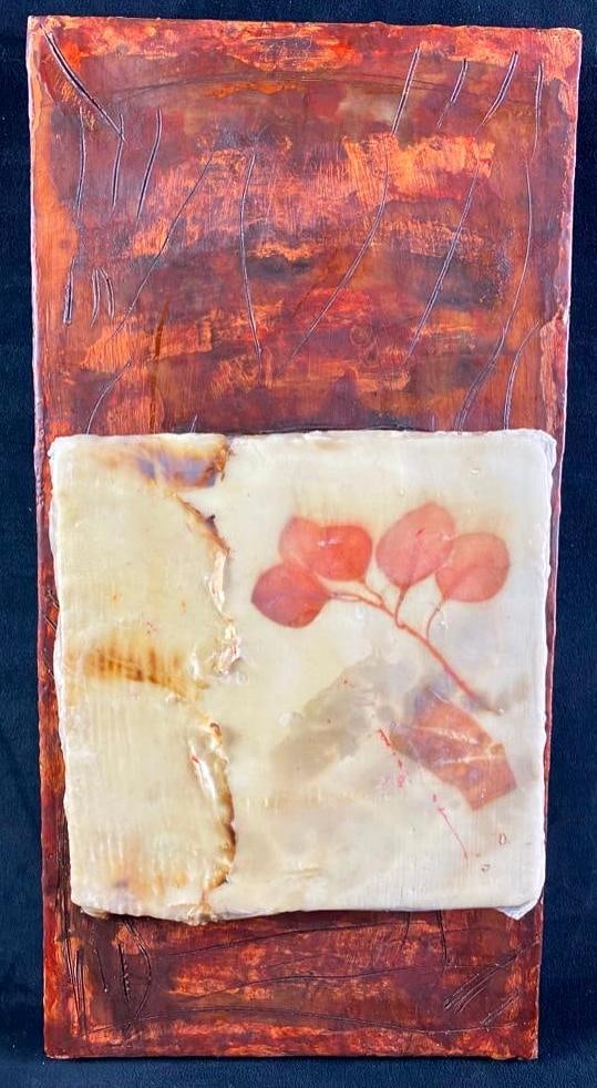 Etta Jean Juge "Roots" Encaustic Mixed Media: Etta Jean Juge "Roots" Encaustic Mixed Media This piece entitled "Roots" by Etta Jean Juge is an encaustic mixed media painting done on a wooden board. The combination of the text