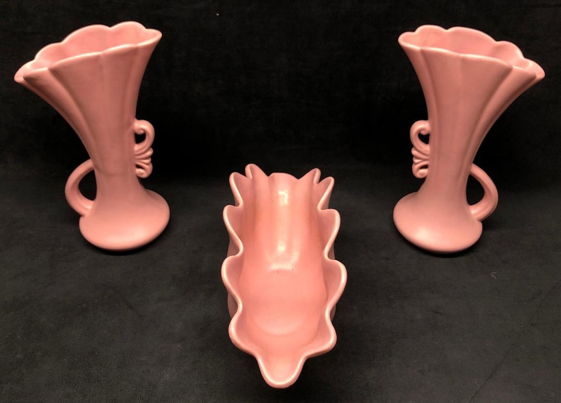 3 Vintage Pottery Pieces - Pink Art Deco - Scalloped Ruffled - Made in USA (JB 223 - J): Three Pink Vintage Pottery Pieces - Art Deco Style with Scalloped and Ruffled Edges. Marked Made in USA. (2) Trumpet Vase 12" x 5" x 4-3/4" (1) Scalloped Vase 13-1/4" x 5" x 6