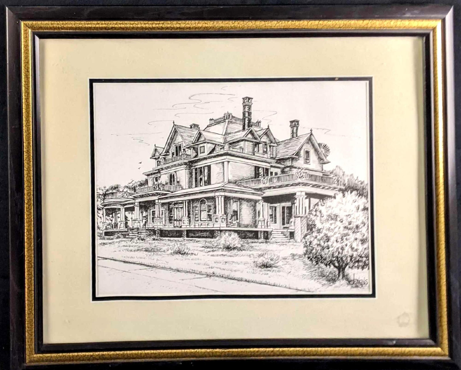 Vintage Framed Engraving by Jekins: Vintage Framed Engraving by Jekins This framed piece is by Jekins known for his engravings of notable homes. This home is unidentified due to the untitled nature of the piece. The item is in good cond