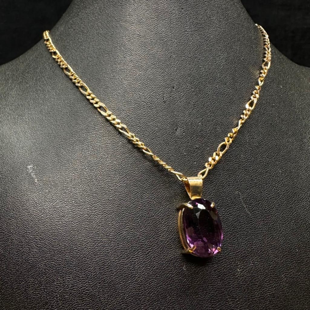 18 ct Amethyst Pendant in 14k Gold: This piece of jewelry has been tested and researched prior to listing. Please view all our pictures they are part of our description. DETAILS: Metal - 14k Gold Color - Yellow Gold Stones - Amethyst Ha