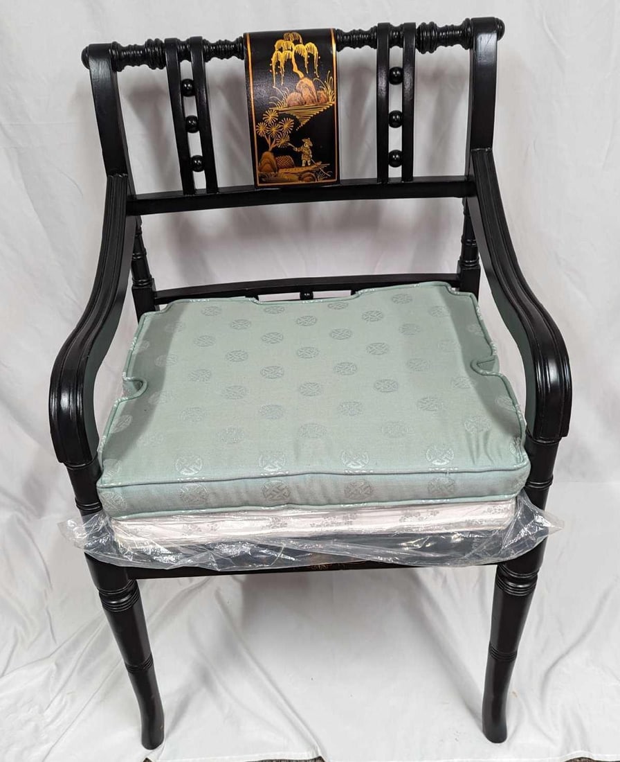 Arm Chair With Oriental Landscape Art: Arm Chair With Oriental Landscape Art. This is approx 22" x 18 1/2" x 36 1/2" and it weighs 20lbs. Regency-style Oriental wooden armchair with Japanese Landscape art and two cushions. Hand-painted lan