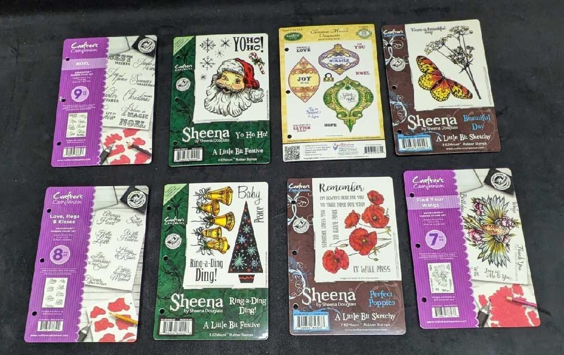 Just Rite Sheena Douglass EZ Mount Rubber Stamps D: Just Rite Sheena Douglass EZ Mount Rubber Stamps D. Stamps come in two EZ Binders. Includes sets for the "Christmas Miracle Ornaments", "Find Your Wings", "Little Bit Festive", "Love Hugs And Kisses",