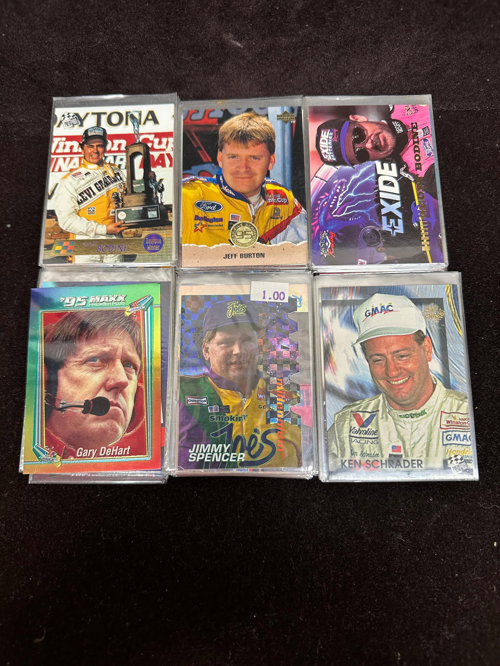 Lot of 100 NASCAR Racing Trading Cards Jeff Burton Ken Schrader Jimmy Spencer 1990s: A set of NASCAR trading cards featuring drivers such as Jeff Burton, Ken Schrader, Jimmy Spencer, and others. Cards appear from various 1990s series, including Maxx, Upper Deck, and similar manufactur