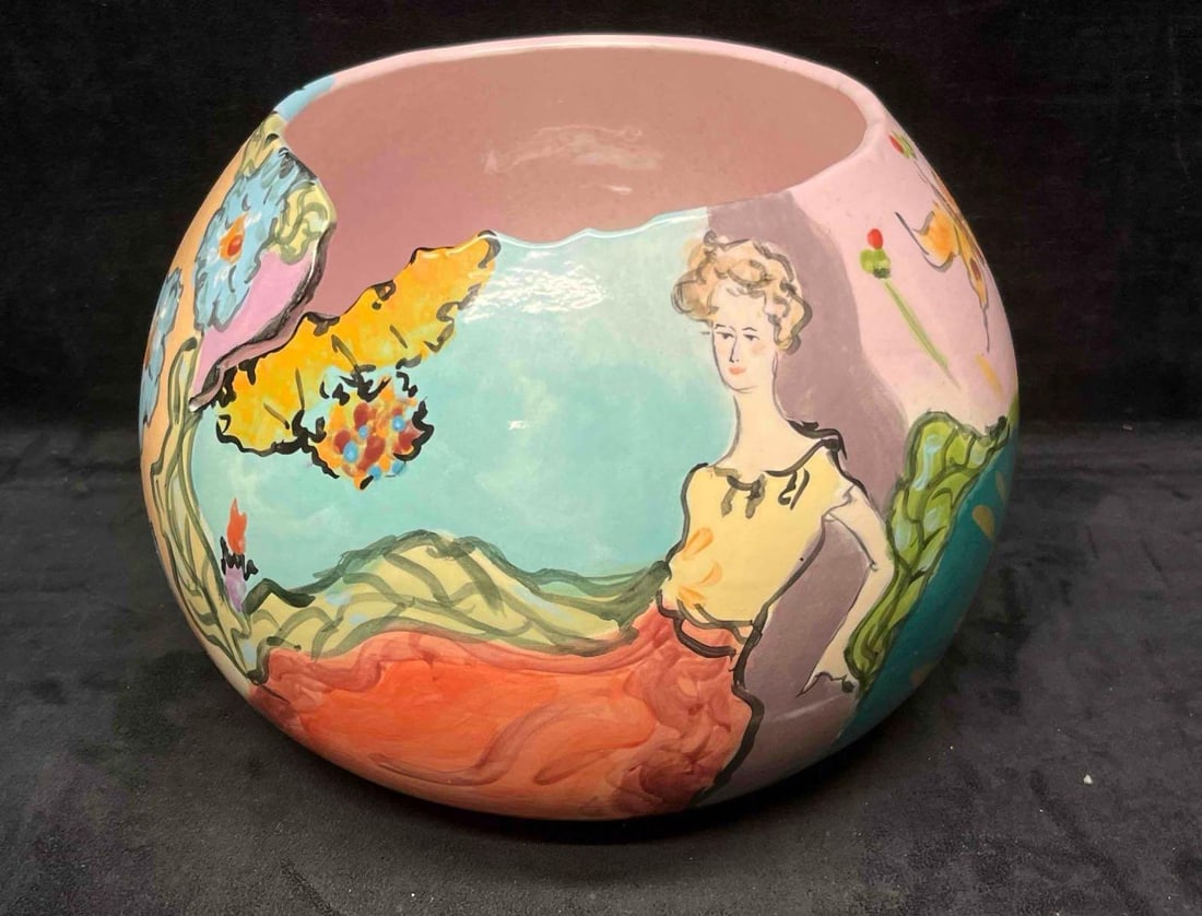 Jane Bazinet (American, 20th century) Hand Signed and Painted Vase: This lot contains a Jane Bazinet (American, 20th century) Hand Signed and Painted Vase. Bazinet began painting in the 60's and is best known for her "lyrical figurative work, which