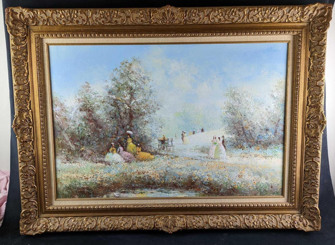 Dubois Impressionist Style Oil Painting On Canvas: Dubois Impressionist Style Oil Painting On Canvas. Original oil painting shows a group of well dressed women resting near trees as a horse drawn wagon passes by. The original framed canvas is approx 4