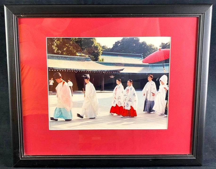 Etta Jean Juge Japanese/Shinto Wedding Procession: Etta Jean Juge Japanese/Shinto Wedding Procession Photo by Etta Jean Juge, showing a Japanese wedding procession in the courtyard of a Shinto temple in Japan. The bride and groom are dressed in tradit