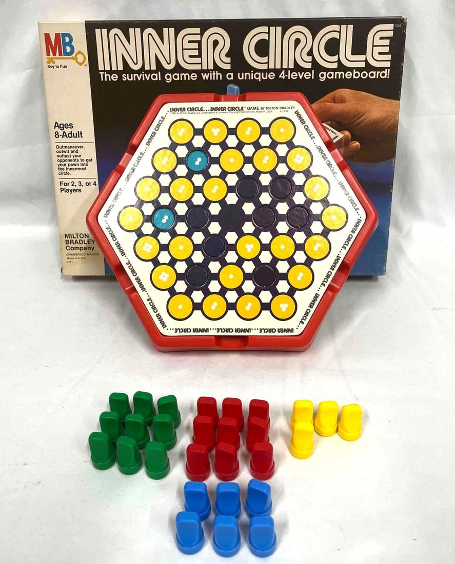 Vintage 1981 Inner Circle Milton Bradley Board Game: This lot contains Vintage 1981 Inner Circle Milton Bradley Board Game. The box is approx 13 1/4" x 9 3/4" x 2 1/4" and altogether everything weighs about 1.6lbs. Overall the set is in good used c