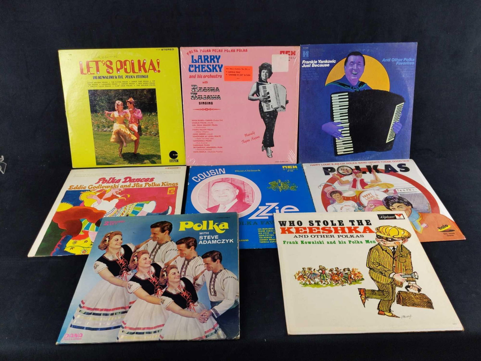 Eight Vintage Polka Vinyl Records Yankovic 1: Looking to set up an old fashioned polka-party? How about adding these vintage LPs to your collection! This lot includes: (1) Frankie Yankovic Just Because And Other Polka Favorites. By Columbia Recor