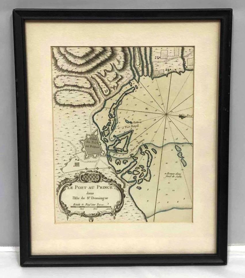 Framed Vintage Map Of Le Port Au Prince In The Island Of Santo Domingo: This lot contains a framed vintage map of "Le port Au Prince" in the island of Santo Domingo. The frame is approx 12 1/4" x 10" while the map itself is approx 8 1/2" x 6 1/2". Together the frame and m