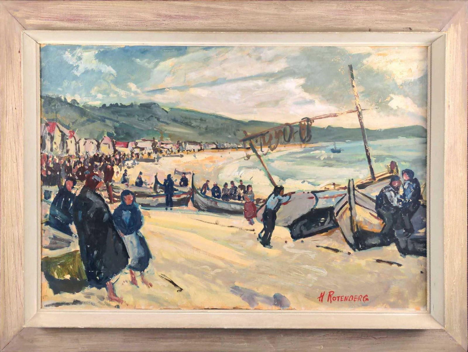Original oil on wood of an sailing/fishing community by Harold Rotenberg: Original oil on wood of an sailing/fishing community by Harold Rotenberg. Framed Original is approx 27" x 3" x 35". Original itself is approx 28" x 19". Original is in good, v