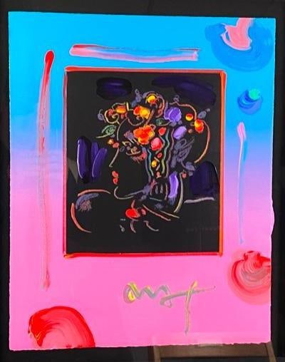 Peter Max Blushing Beauty Acrylic on Paper: Peter Max Blushing Beauty Acrylic on Paper This original acrylic on black paper by Peter Max features the face of a woman in bright colors with flowery shapes and colors around her head. It is a part 