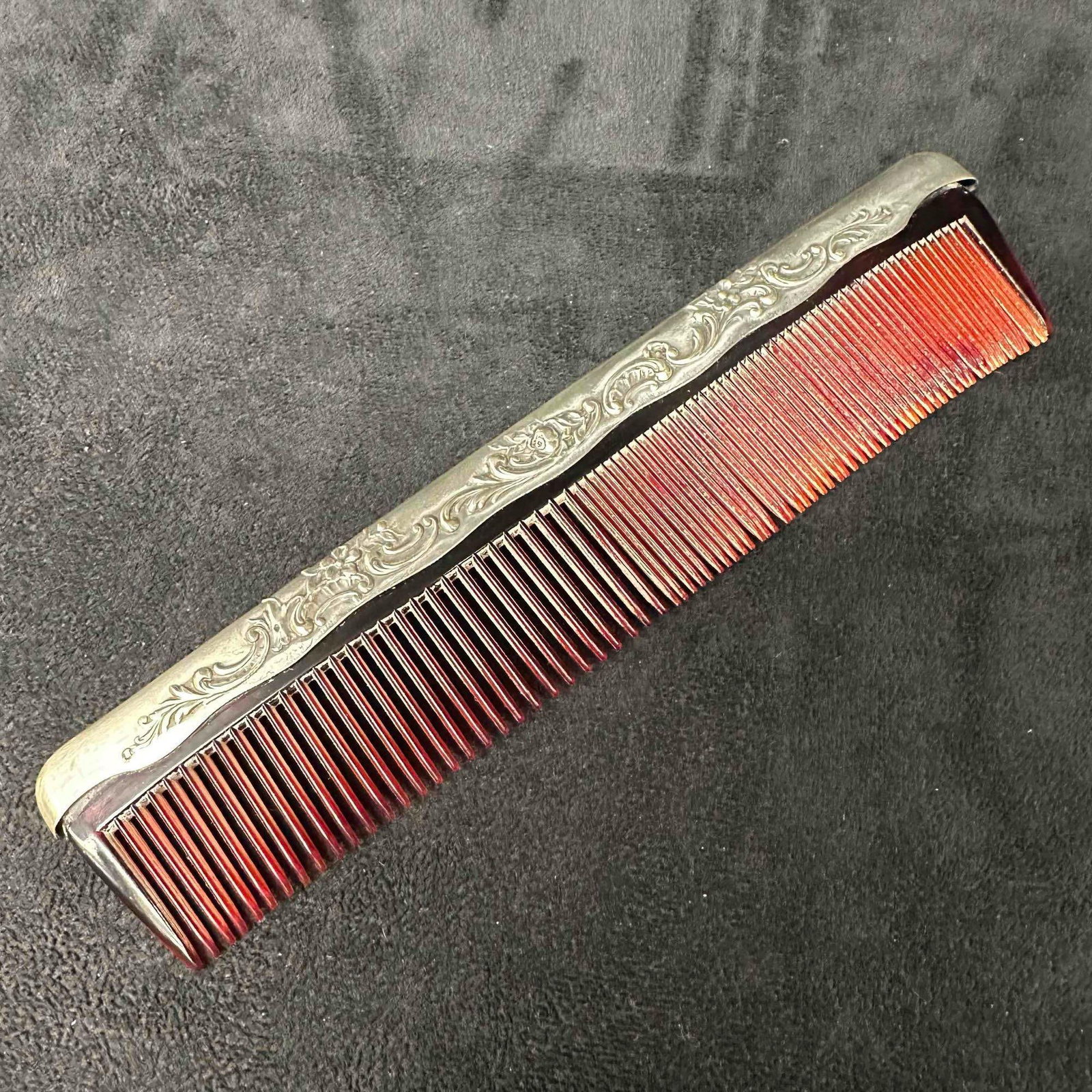 Gorham Sterling Silver 26 Mounted Handle Red Floral Flower Hair Comb: This item is in good pre-owned, previously used/displayed condition with noticeable light wear, and surface scratches. Please reference all photos for full details. This piece of sterling silver has b
