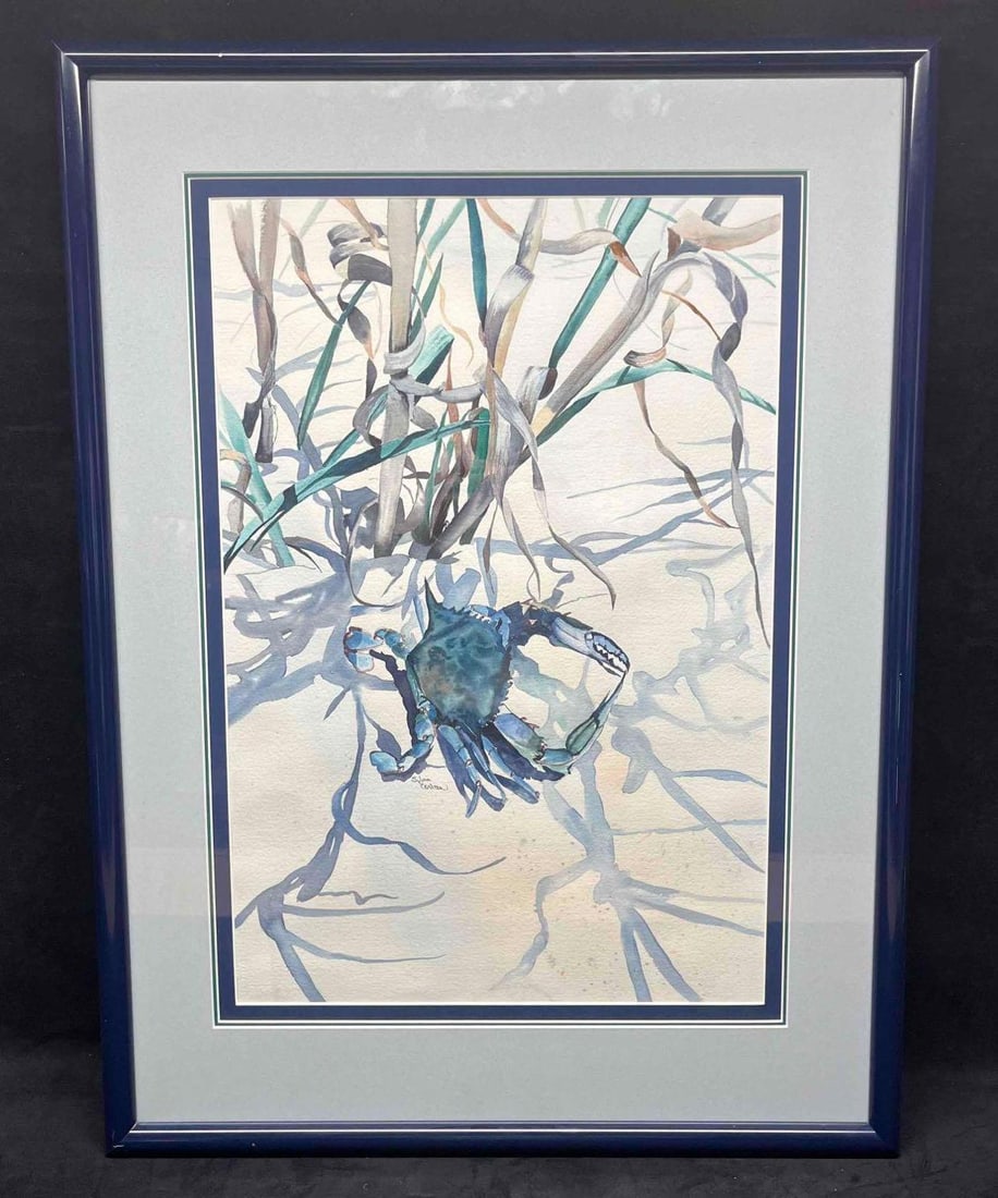 Original Crab Watercolor By American Artist Sylvia Corban: This lot contains an Original Crab Watercolor By American Artist Sylvia Corban. Sylvia grew up in Mississippi and drew inspiration for her paintings from her love and observation of her Gulf Coas