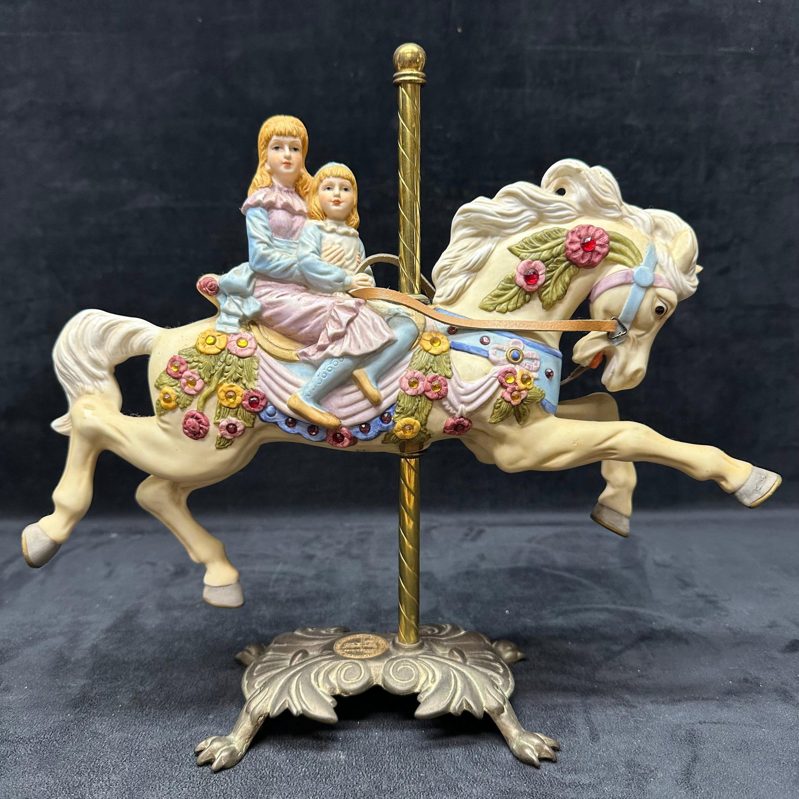 Tobin Fraley The American Carousel Second Edition Resin Carousel Horse Two Girls Limited Edition: Vintage Tobin Fraley “The American Carousel” Second Edition resin carousel horse featuring two girls riding on a leaping, floral-decorated horse. Signed on the underside and mounted on the